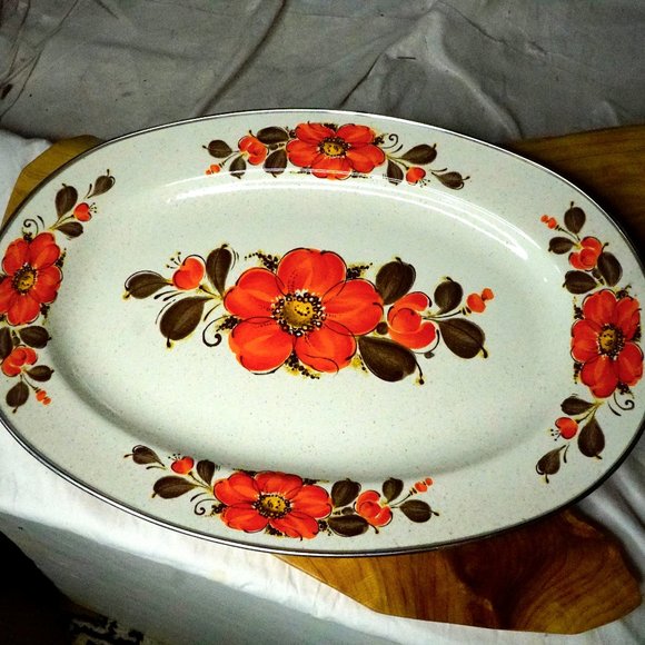 Vintage Porcelain Enameled Oval Platter Poppies - Picture 1 of 6